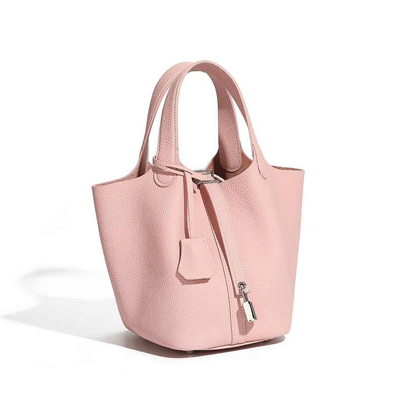 Genuine Leather Shoulder Bucket Bag Women Litchi Pattern Mini Basket Tote Soft Handbag Mommy Bride Wedding Bags with Lock