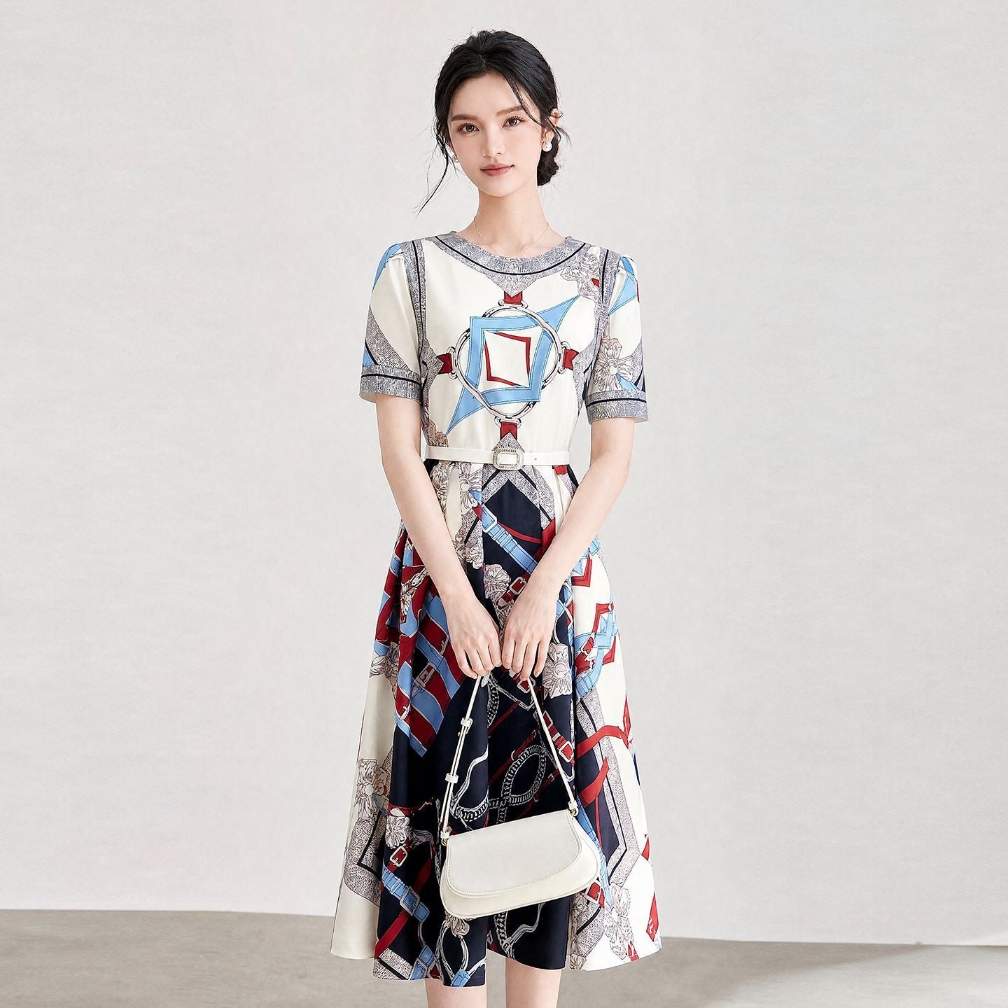 French Elegant Temperament Commuter Fashion Printed Dress Crew Neck Short Sleeve Light Luxury Retro Dress For Women Summer