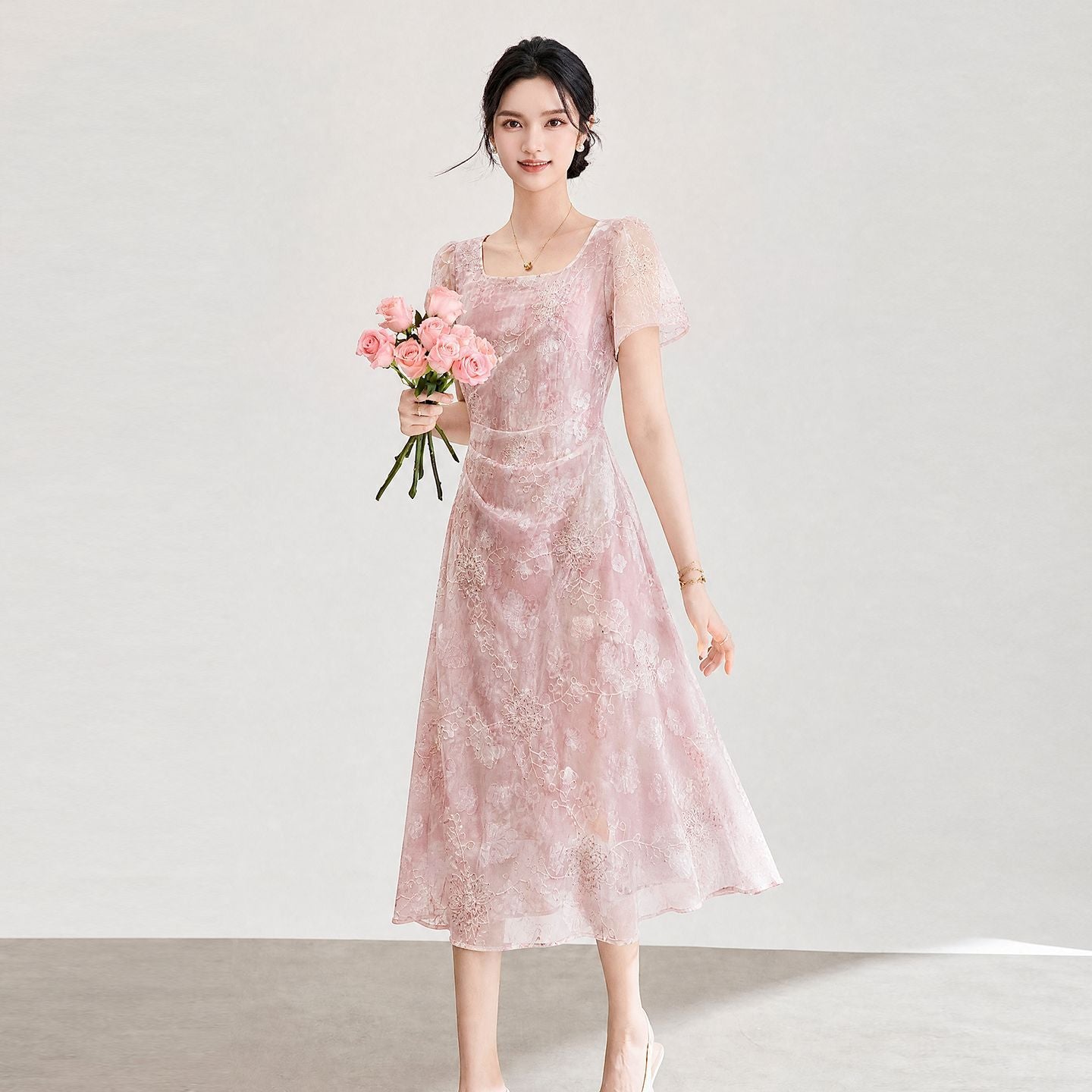 Elegant French Style Sequin Embroidery Burnout Square Neck Short Sleeve Dress Women Summer New Style Shangyou Women's Dress