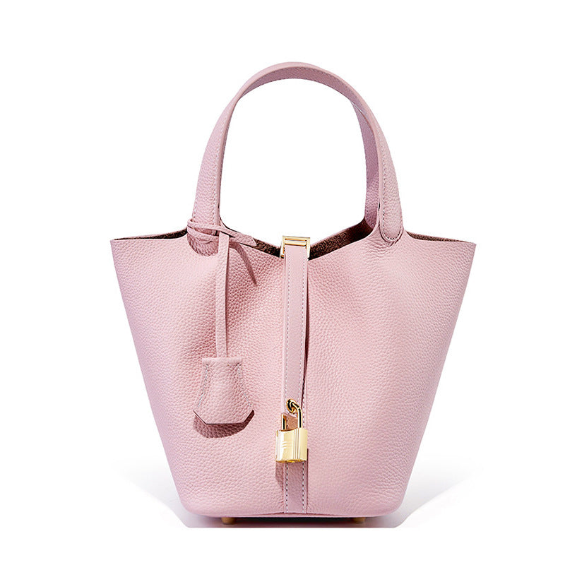 Genuine Leather Shoulder Bucket Bag Women Litchi Pattern Mini Basket Tote Soft Handbag Mommy Bride Wedding Bags with Lock
