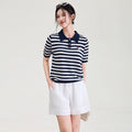 Summer New Polo Neck Stripe Short Sleeve T-Shirt Loose Thin Pure Cotton Knitted Base Layer Comfortable Casual Urban Style