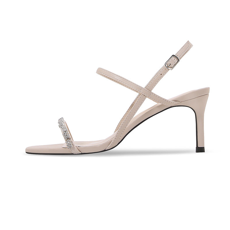 New Summer Stiletto Sandals Women's Black Rhinestones Sandals Korean High Heels