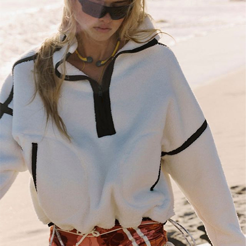 Women Half Zip Sherpa Fleece Pullover Contrast Color Stripe Stand Collar Long Sleeve Drawstring Loose Winter Warm Sweatshirt