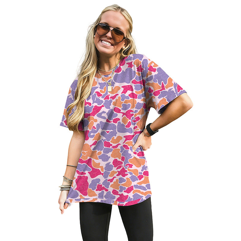 Loose Fashionable Camouflage Knitted Short Sleeve T-Shirt round Neck Workwear Style Polyester Casual Street Trend for Teens
