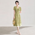 Romantic Floral Print Slimming Long Dress Summer New Style Women's Midi Dress V-Neck Short Sleeve High Waist A-Line Skirt