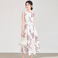 Fashion Runway Gorgeous Flower Print Midi Long Women Dress 2025 Summer Sleeveless Belt Office Lady Work Wear Vestidos