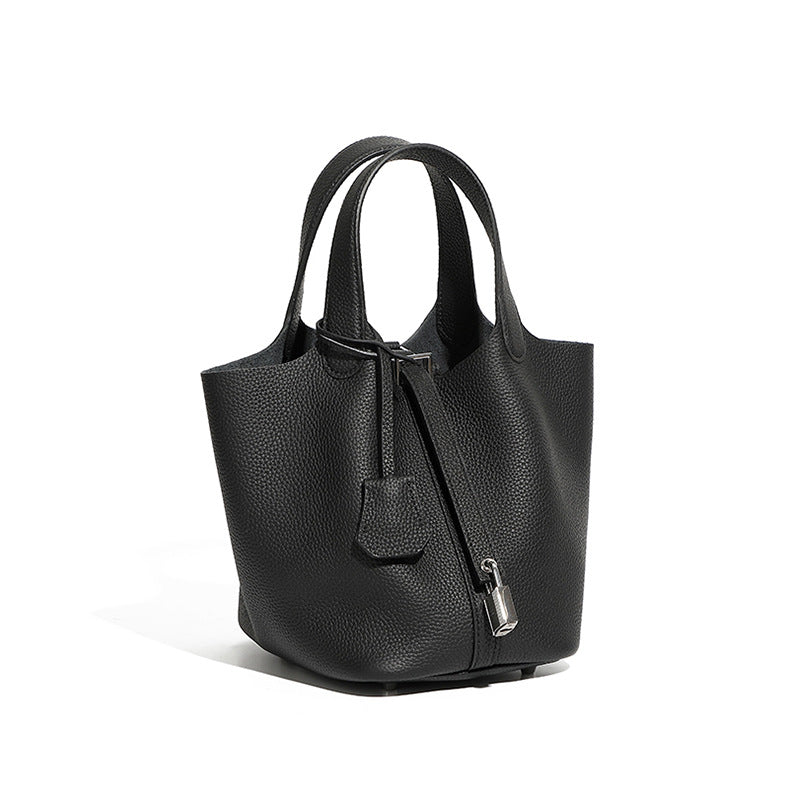 Genuine Leather Shoulder Bucket Bag Women Litchi Pattern Mini Basket Tote Soft Handbag Mommy Bride Wedding Bags with Lock