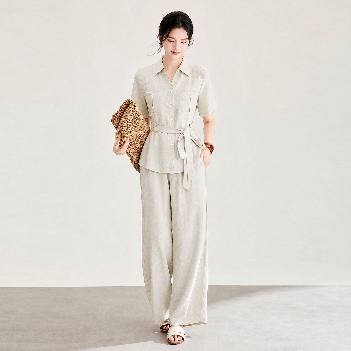 Elegant Waist-Cinching Straight Leg Casual Shirt Pants Two-Piece Set Women Summer New Age-Defying Ensemble Cotton Linen