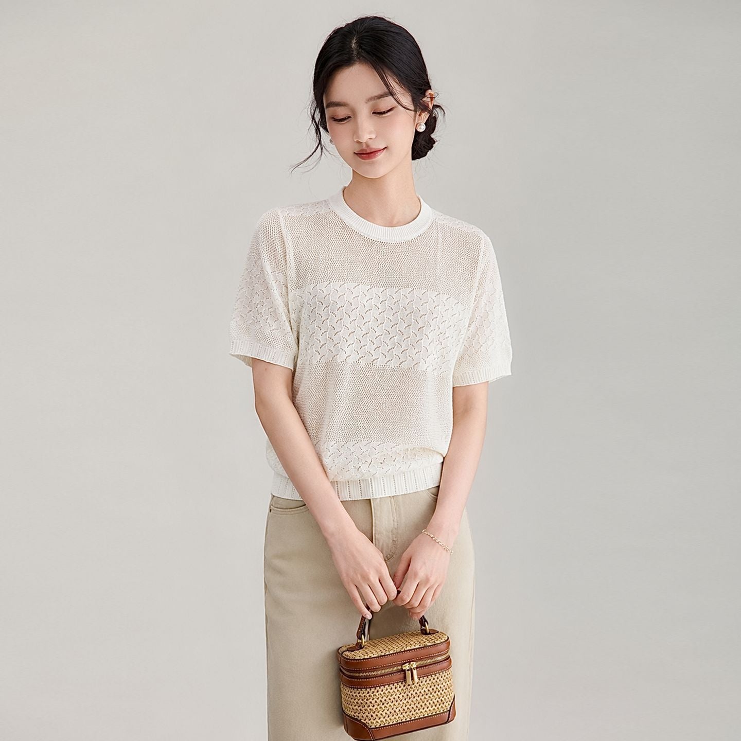 Cotton Knitted Short Sleeve T-Shirt Women's round Neck Hollow out mid Sleeve Base Shirt Versatile Half Sleeve