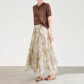 Romantic Floral Print A-Line Midi Skirt Women's Spring Summer Lightweight Luxury French Style Elastic Waist Tulle Skirt