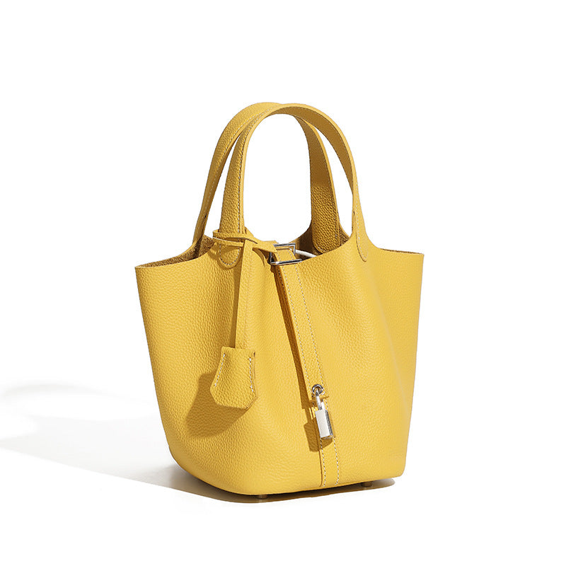 Genuine Leather Shoulder Bucket Bag Women Litchi Pattern Mini Basket Tote Soft Handbag Mommy Bride Wedding Bags with Lock