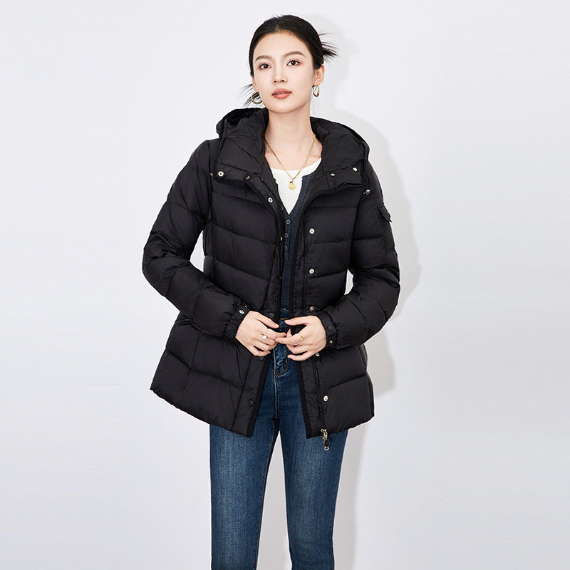 New Coat Women Short Hood Warm Female Outwear Elegent Knit Design Solid Color Side Drawstrings Women's Jacket