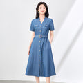 Retro A-Line Short Sleeve Denim Dress Women Summer Slimming Waist Cinched Fake Two-Piece Skirt Vintage Style Dress