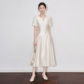Women Fashion Round Neck Light Luxury Beaded Short Sleeve Long Dress High Quality Elegant Wedding Party Dinner Chic Dresses