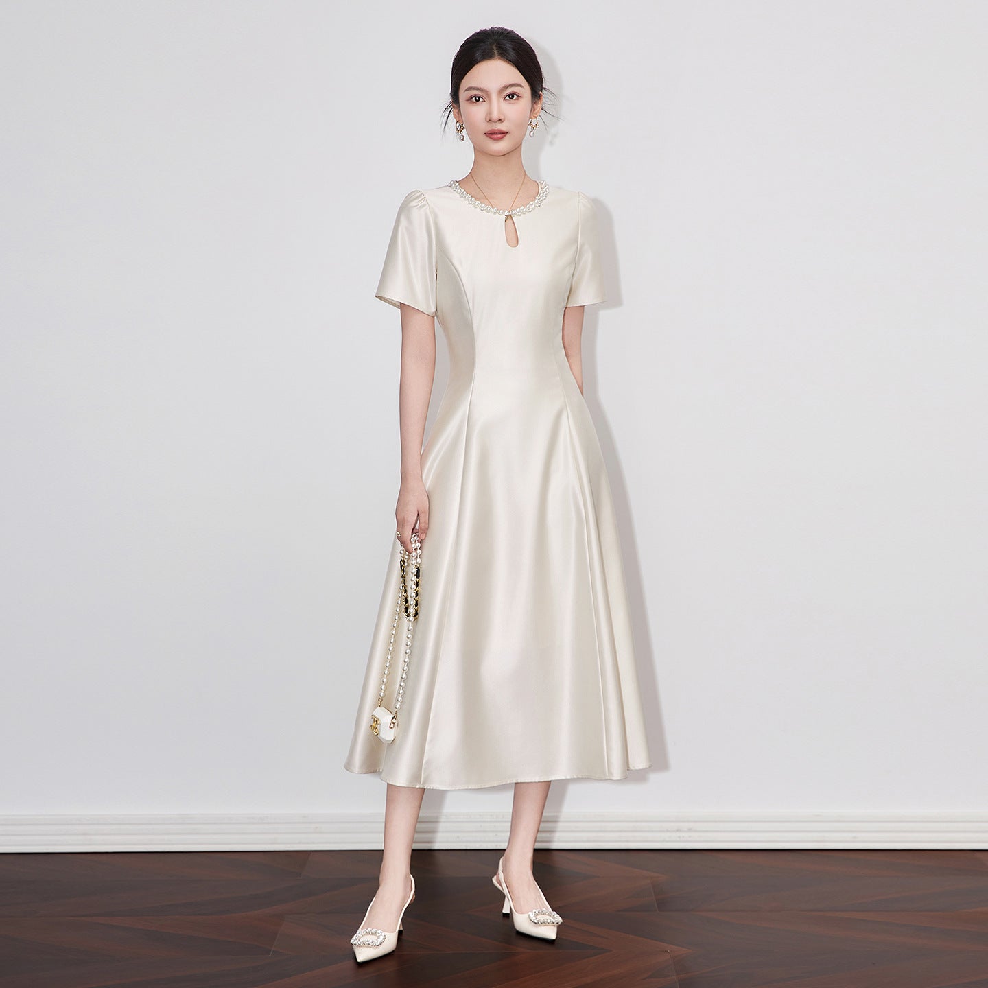 Women Fashion Round Neck Light Luxury Beaded Short Sleeve Long Dress High Quality Elegant Wedding Party Dinner Chic Dresses