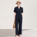 Women's Office Linen Matching Set 2026 Summer Tie Short Sleeve Blouse Boho Scarf Wide Leg Pant 2 Piece Set