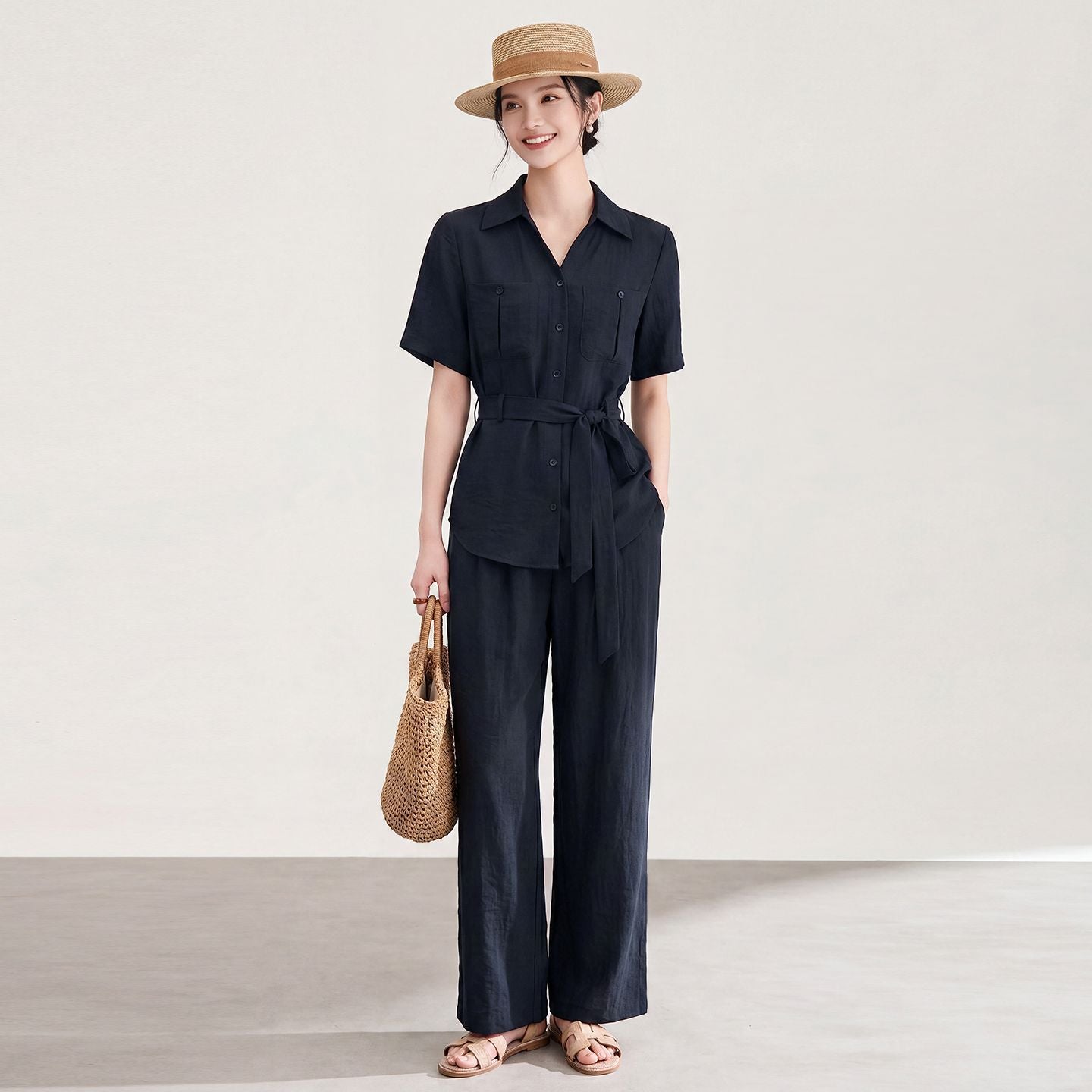 Women's Office Linen Matching Set 2026 Summer Tie Short Sleeve Blouse Boho Scarf Wide Leg Pant 2 Piece Set