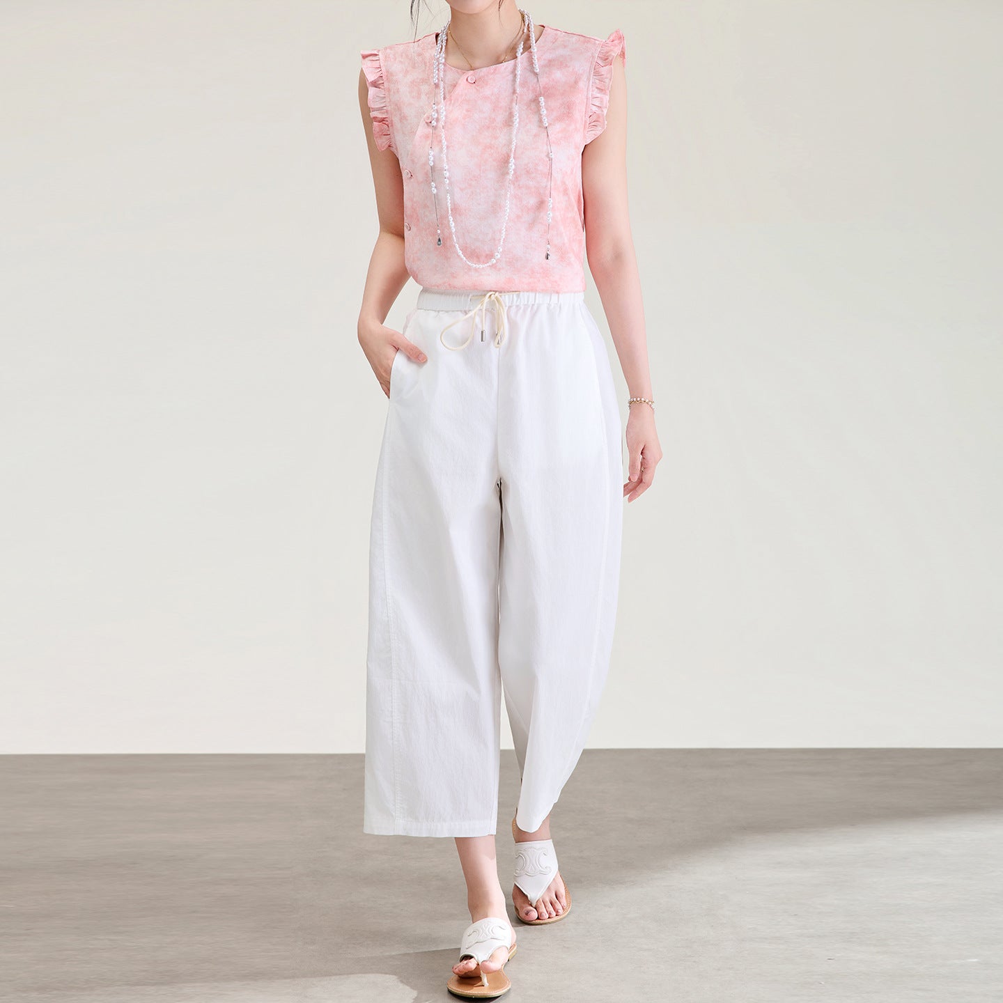 Summer New Women's Wide Leg Cropped Pants Simple Drawstring Elastic Waistband Pockets Solid Loose Cooling Straight-leg Pant