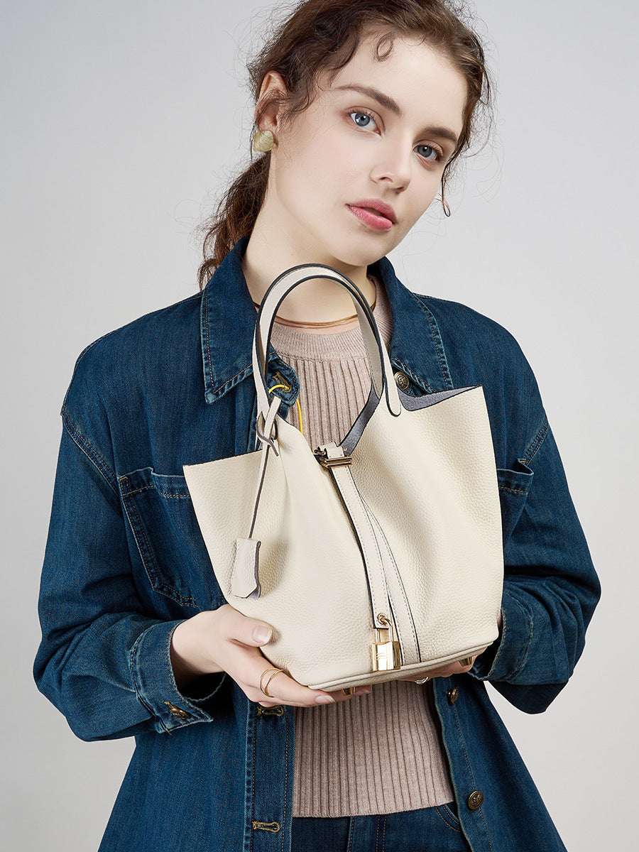 Genuine Leather Shoulder Bucket Bag Women Litchi Pattern Mini Basket Tote Soft Handbag Mommy Bride Wedding Bags with Lock