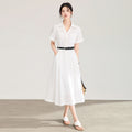 Linen Shirt Dress Women's A-Line Midi Skirt with Belt Commute Fashion Elegant Short Sleeve Turn-down Collar Midi Dress
