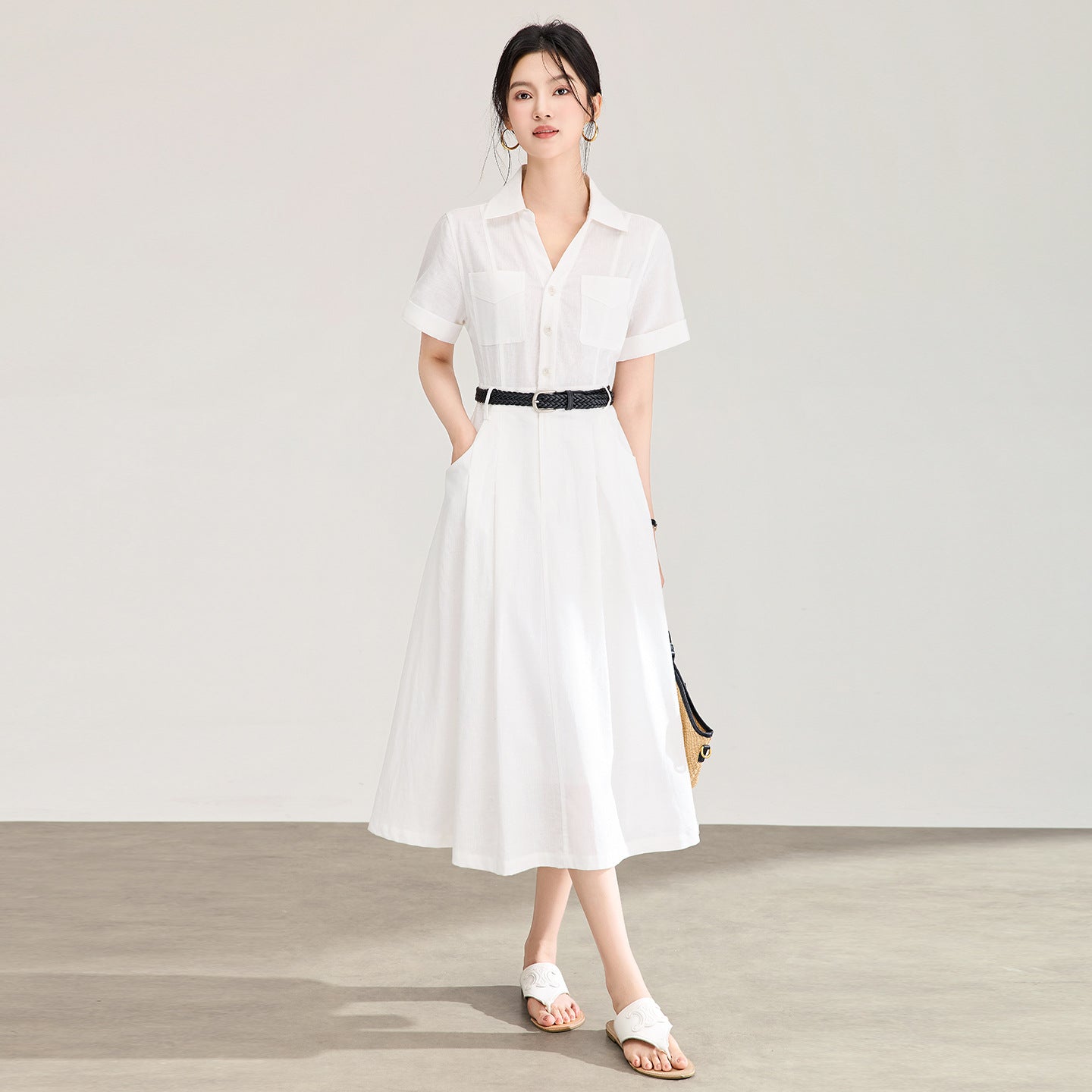 Linen Shirt Dress Women's A-Line Midi Skirt with Belt Commute Fashion Elegant Short Sleeve Turn-down Collar Midi Dress
