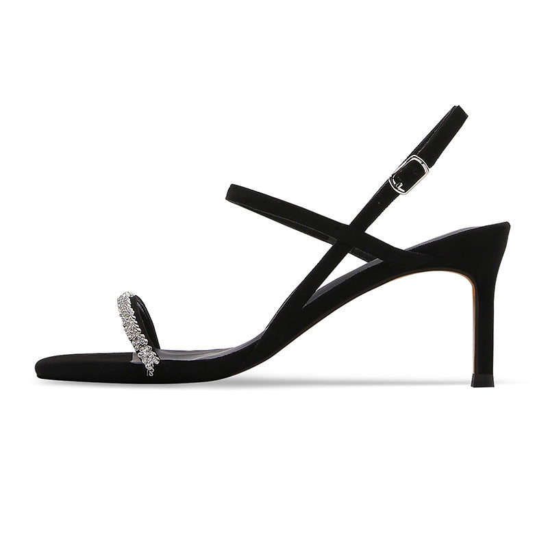 New Summer Stiletto Sandals Women's Black Rhinestones Sandals Korean High Heels