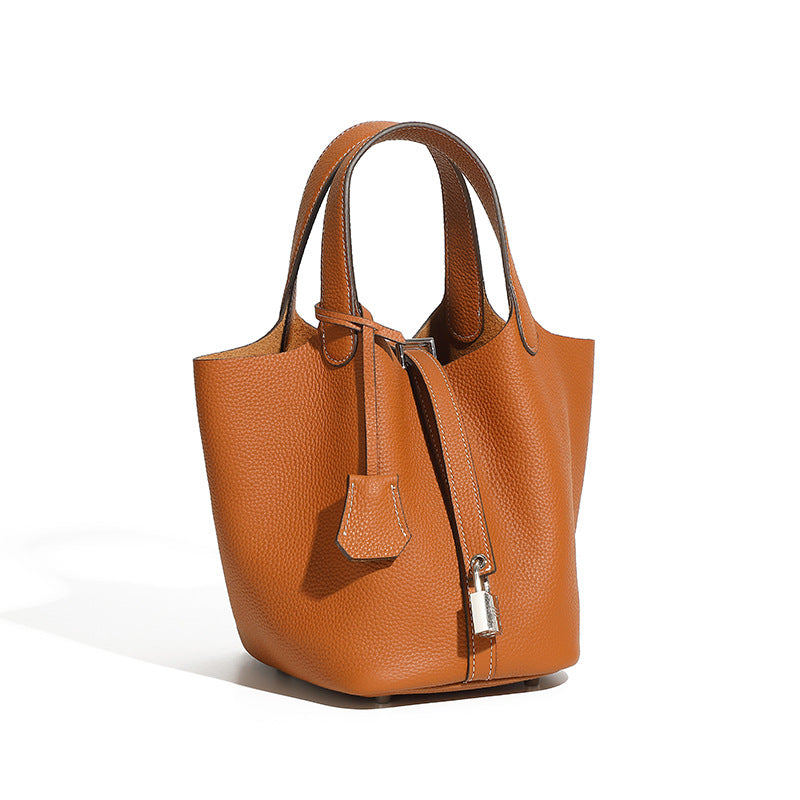Genuine Leather Shoulder Bucket Bag Women Litchi Pattern Mini Basket Tote Soft Handbag Mommy Bride Wedding Bags with Lock