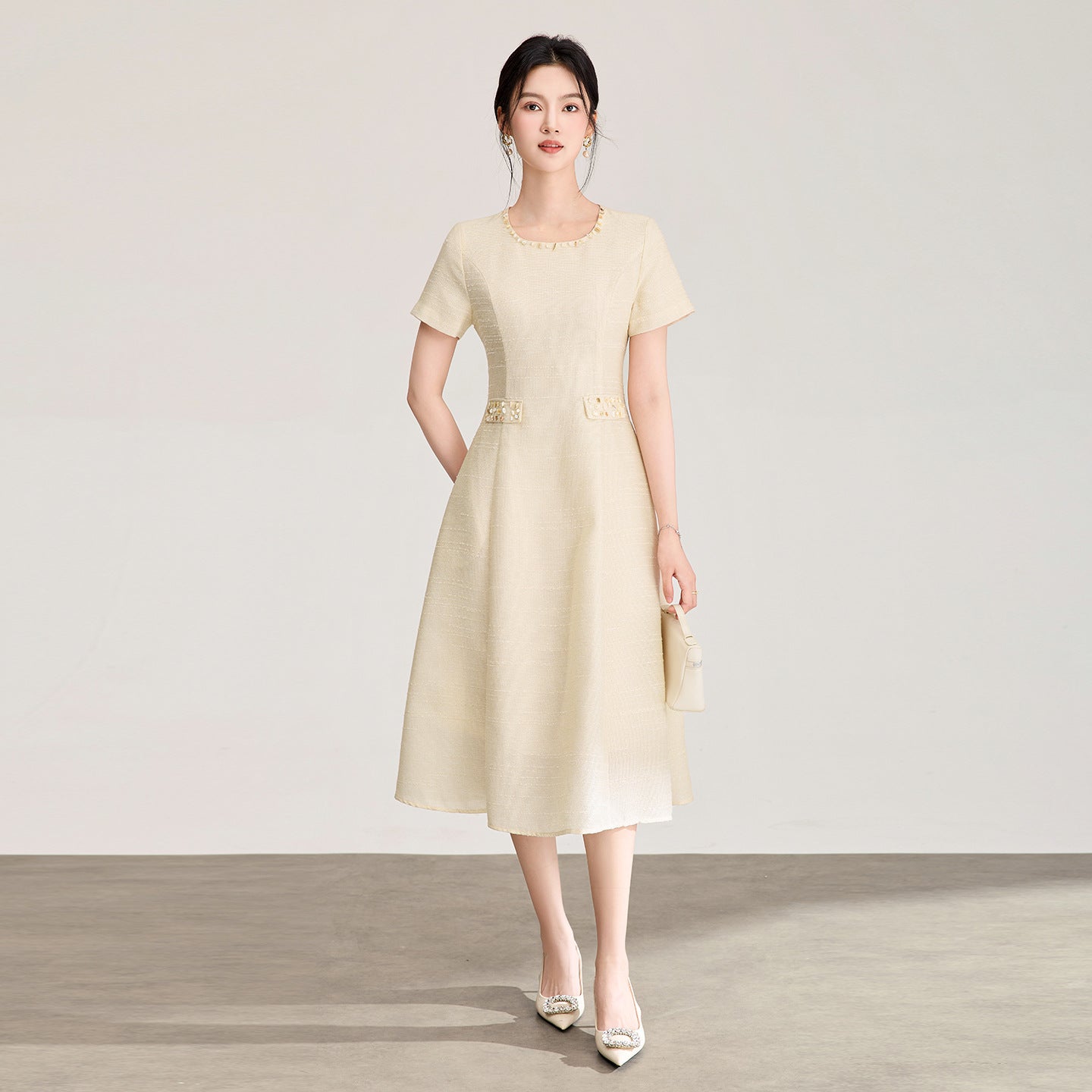 French Elegant Commuter Office Lady Business Dress Bead Round Neck Short Sleeve High Waist A-line Long Dress Women's Summer