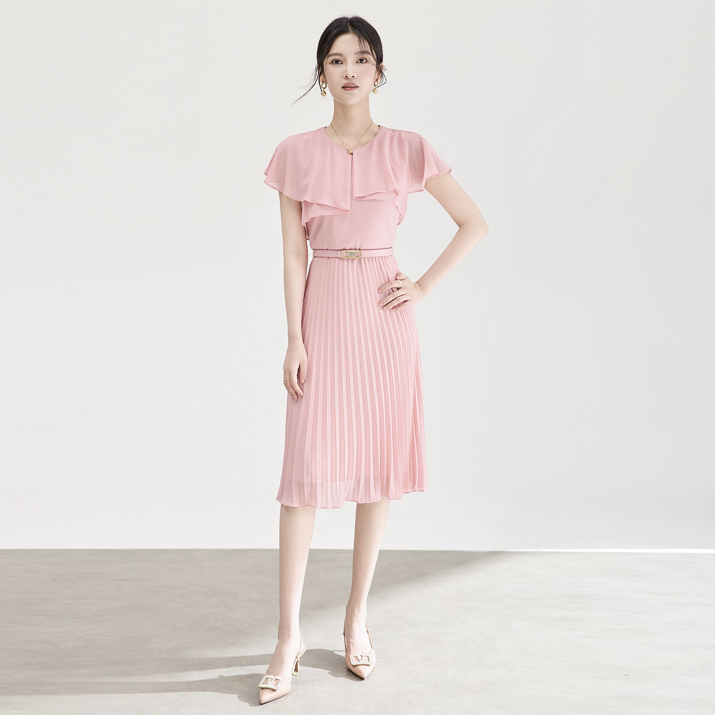 Summer Women's Chiffon Maxi Dress Crew Neck Capelet Sleeve A Line Elegant Casual Dress