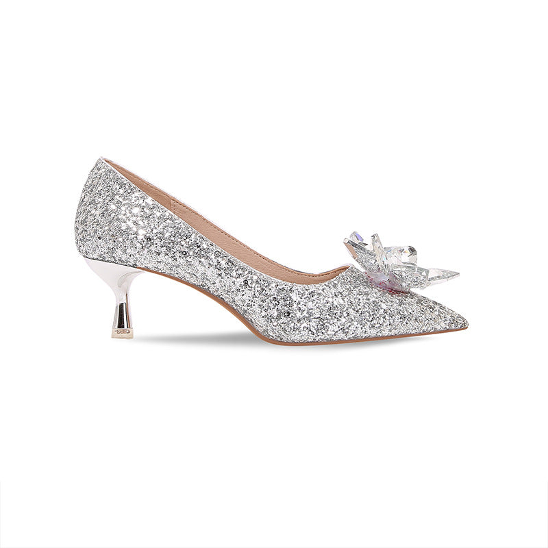 Women's Pumps Pointed Toe Crystal Party Wedding Shoes Woman Crystal Bow Decorative Banquet Shining High Heels Gold Silver
