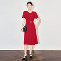 Mandarin Collar Black A-Line Dress With Metal Belt, Short Sleeve Solid Color Elegant Fit And Flare Dress