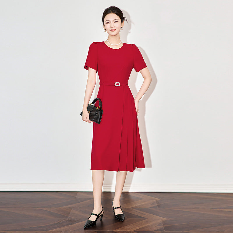 Mandarin Collar Black A-Line Dress With Metal Belt, Short Sleeve Solid Color Elegant Fit And Flare Dress
