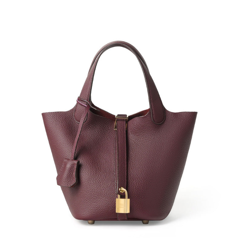 Genuine Leather Shoulder Bucket Bag Women Litchi Pattern Mini Basket Tote Soft Handbag Mommy Bride Wedding Bags with Lock