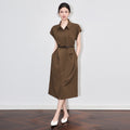 Simple Commute Turn-down Collar Waist-cinching Dress Women's Design Slimming Belted Midi Dress Cotton Blend