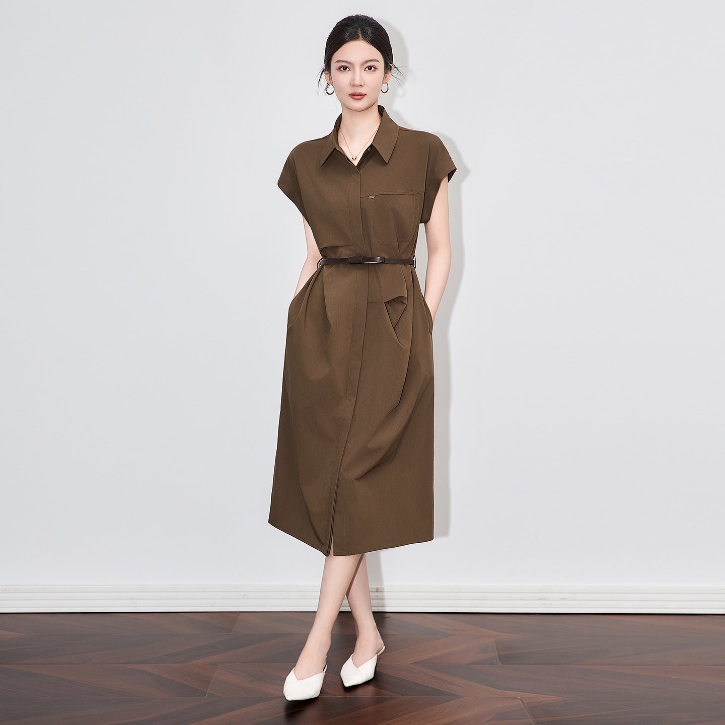 Simple Commute Turn-down Collar Waist-cinching Dress Women's Design Slimming Belted Midi Dress Cotton Blend