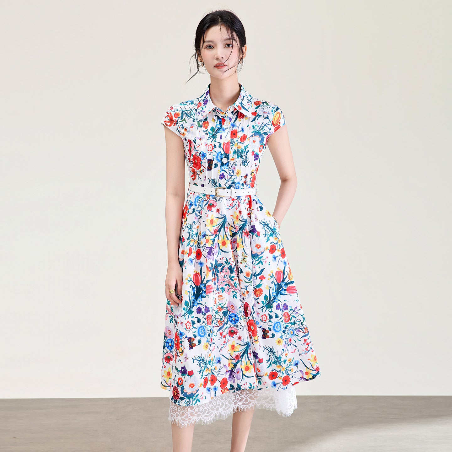 Women's Summer Floral Print Dress Designer New Fashion Lace Patchwork Midi Shirt Casual Vacation Dresses Female Robe