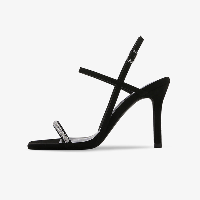 New Summer Stiletto Sandals Women's Black Rhinestones Sandals Korean High Heels